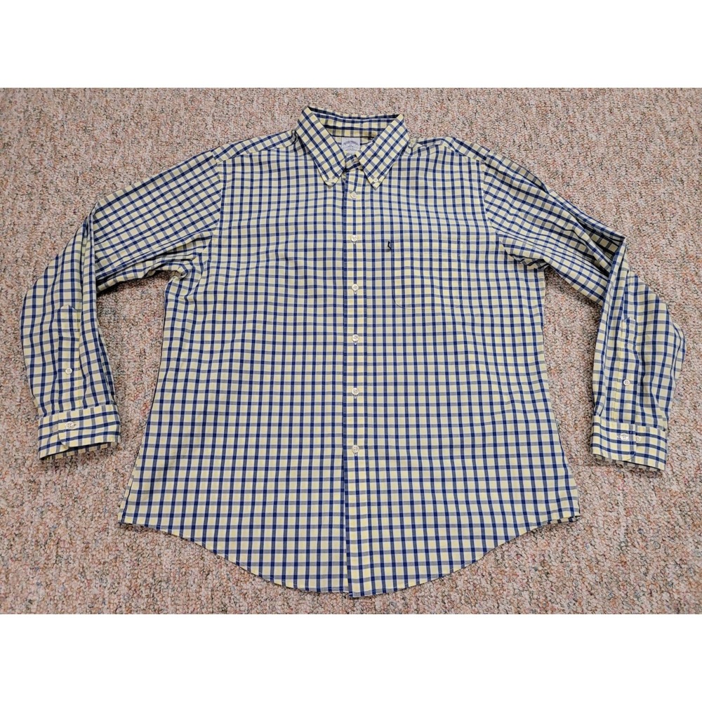 Brooks Brothers 346 Shirt Mens XL Yellow Blue Gingham Slim Fit Cotton Preppy